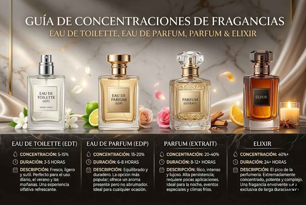 Concentración de perfumes - Guía completa sobre Eau de Toilette, Eau de Parfum, Parfum y Elixir 2026